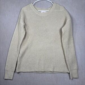 Bongo Womens Waffle Open Knit Crewneck Sweater Large Beige  Long Sleeve Pullover